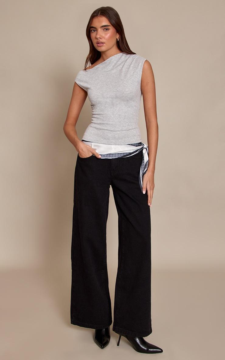 Pretty Little Thing Grey Marl Soft Rib Asymmetric Drape Detail Sleeveless Top