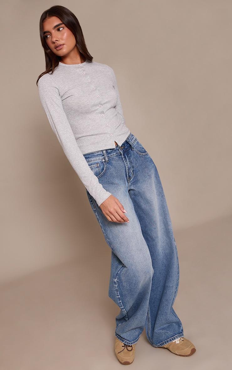 Pretty Little Thing Grey Marl Soft Rib Button Down Long Sleeve Top