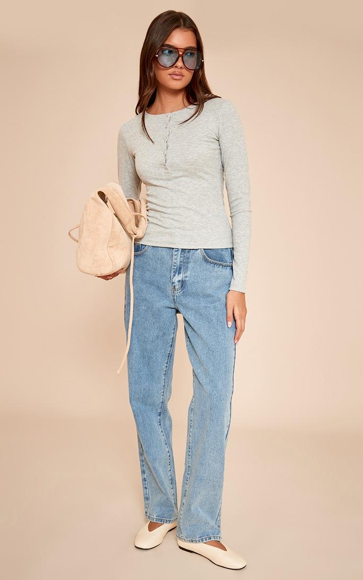 Pretty Little Thing Grey Marl Soft Rib Button Up Fitted Long Sleeve Top