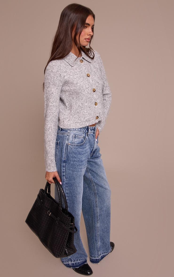 Pretty Little Thing Grey Marl Soft Textured Knit Button Up Collar Detail Cardigan
