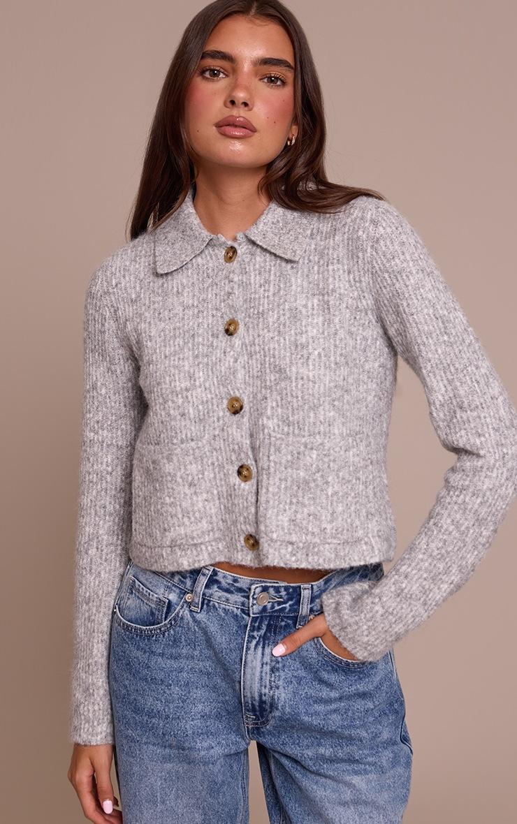 Pretty Little Thing Grey Marl Soft Textured Knit Button Up Collar Detail Cardigan