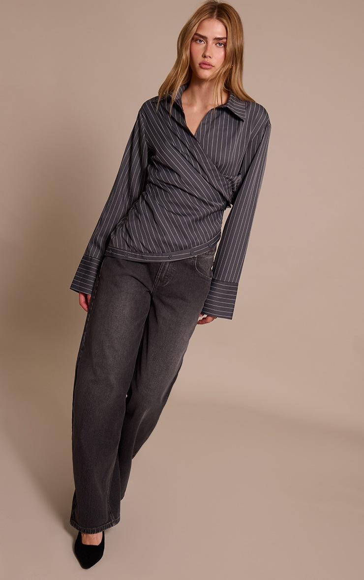 Pretty Little Thing Grey Pinstripe Ruched Wrap Detail Long Sleeve Shirt