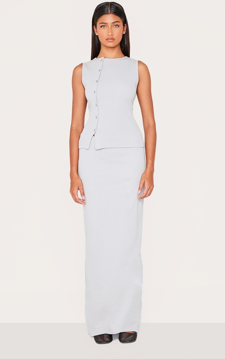 Pretty Little Thing Grey Ribbed Asymmetric Button Up Vest Top