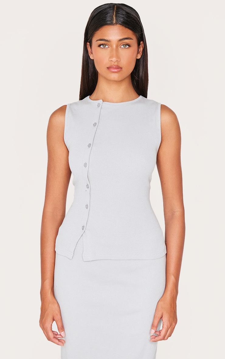 Pretty Little Thing Grey Ribbed Asymmetric Button Up Vest Top