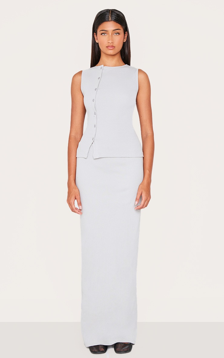 Pretty Little Thing Grey Ribbed Maxi Mid Rise Skirt