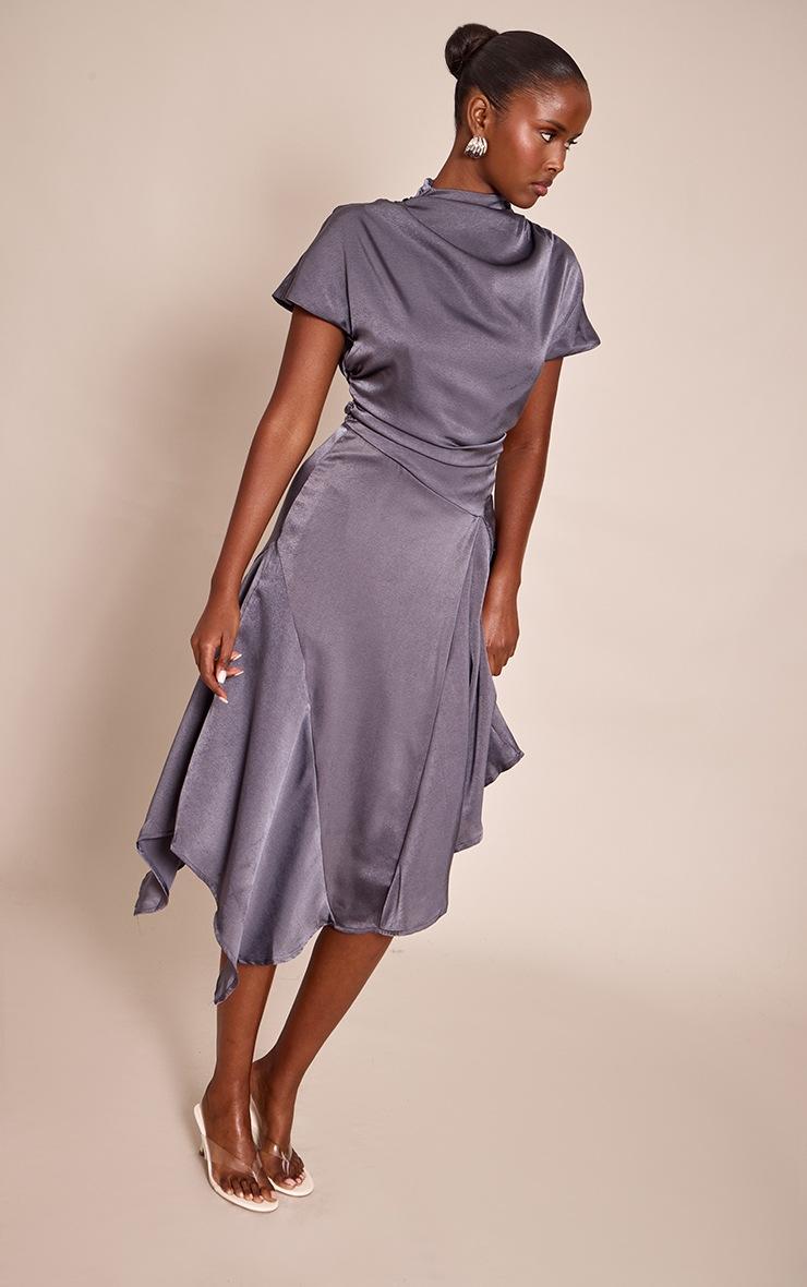 Pretty Little Thing Grey Satin Draped Hanky Hem Midaxi Dress