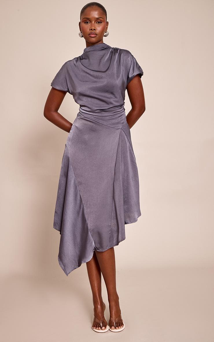 Pretty Little Thing Grey Satin Draped Hanky Hem Midaxi Dress