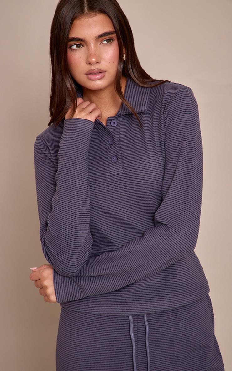 Pretty Little Thing Grey Soft Fleece Pinstripe Collar Detail Long Sleeve Top