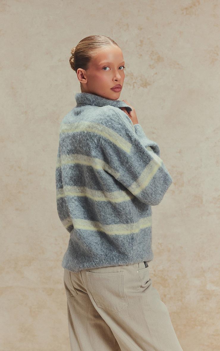 Pretty Little Thing Grey Striped Brushed Knit Oversized Rugby Style Sweater