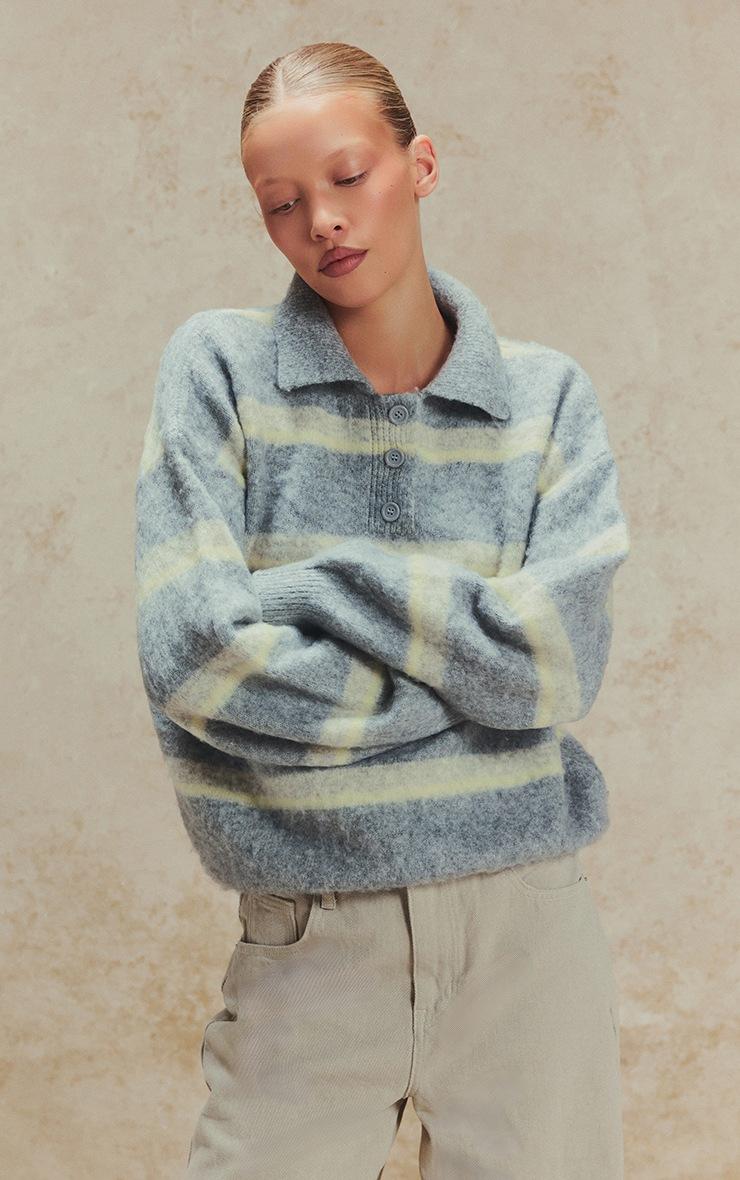 Pretty Little Thing Grey Striped Brushed Knit Oversized Rugby Style Sweater