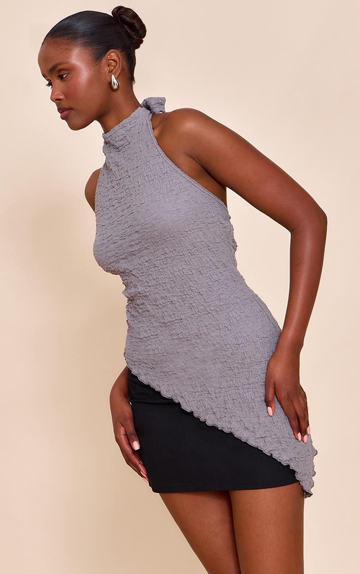 Pretty Little Thing Grey Textured High Neck Asymmetric Hem Detail Long Top