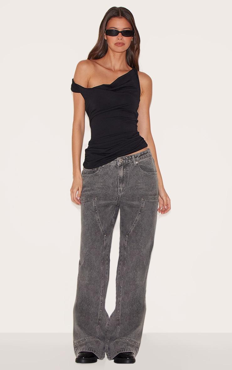 Pretty Little Thing Grey Western Panel Stud Detail Wide Leg Jeans