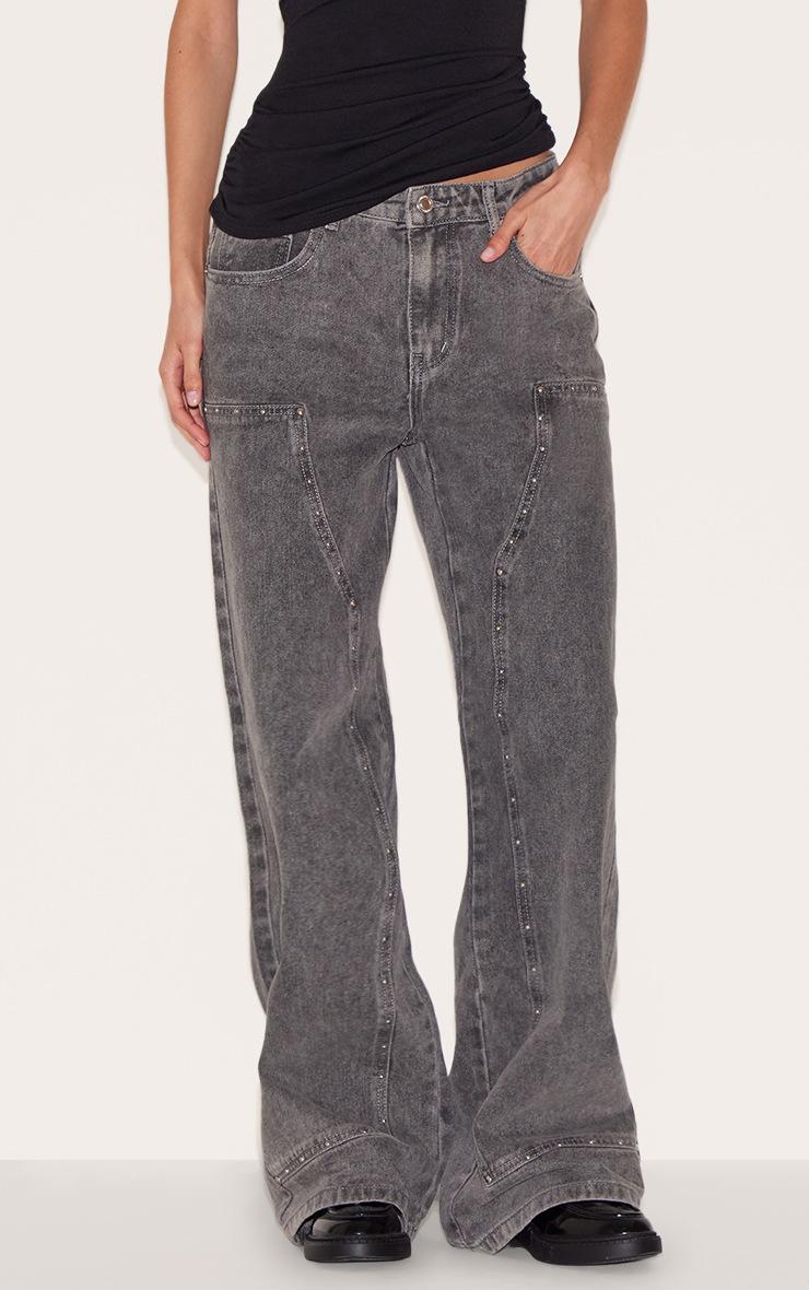 Pretty Little Thing Grey Western Panel Stud Detail Wide Leg Jeans