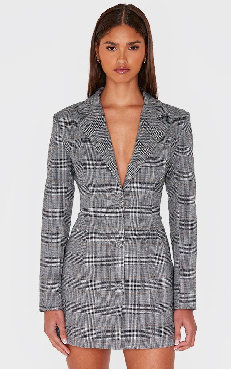 Pretty Little Thing Grey Woven Check Cinched Waist Long Sleeve Blazer Dress