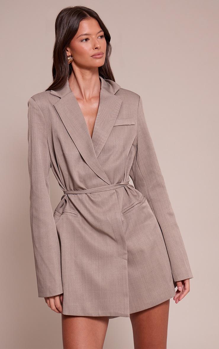 Pretty Little Thing Grey Woven Contrast Tie Blazer Dress