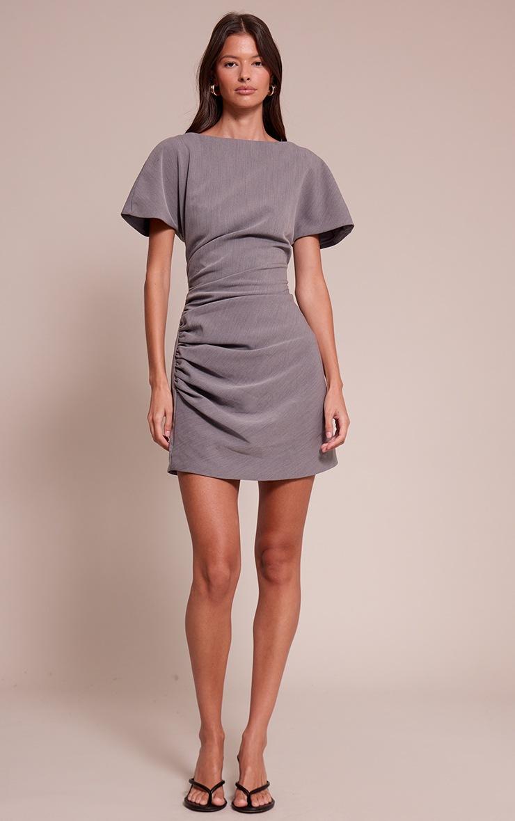 Pretty Little Thing Grey Woven Ruched Short Sleeve Mini Dress