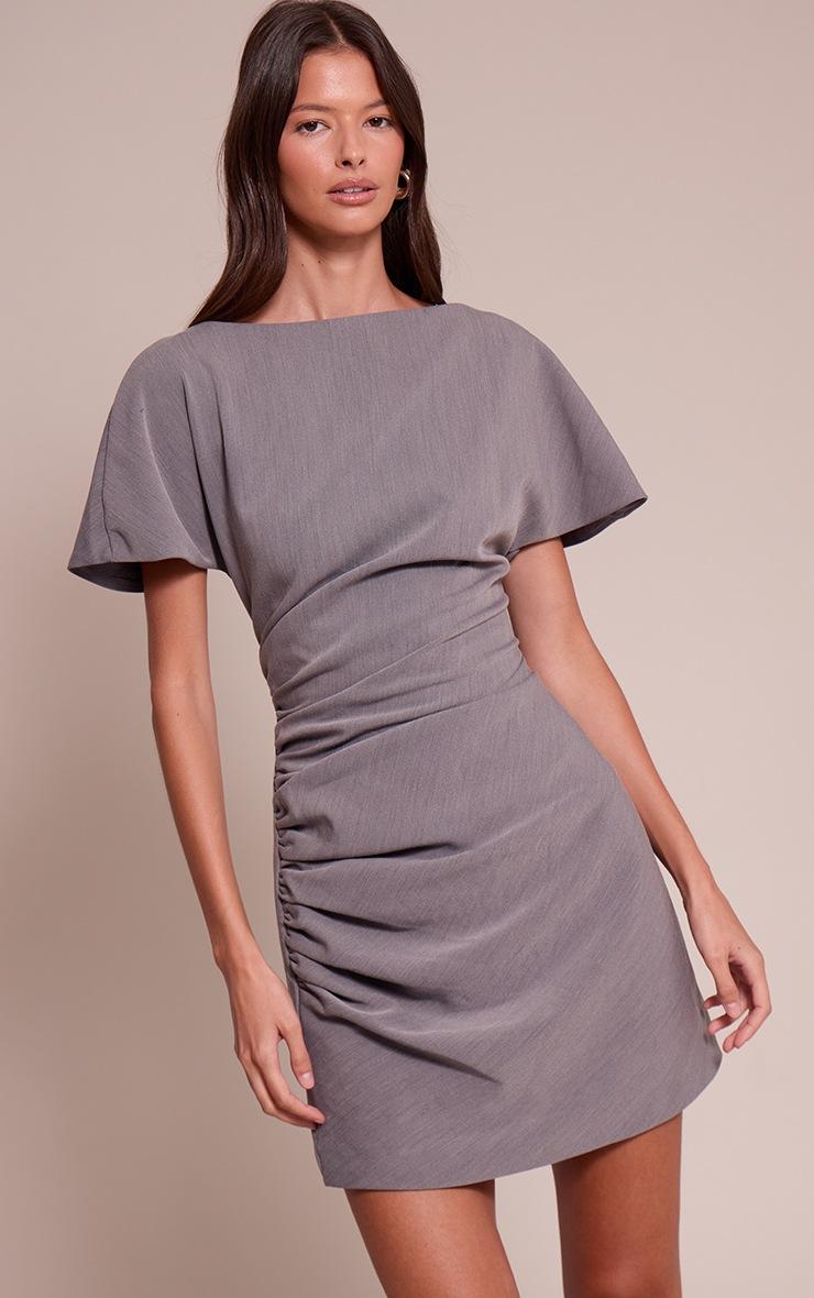 Pretty Little Thing Grey Woven Ruched Short Sleeve Mini Dress