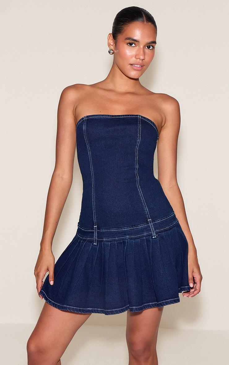 Pretty Little Thing Indigo Bandeau Seam Detail Pleated Denim Mini Dress