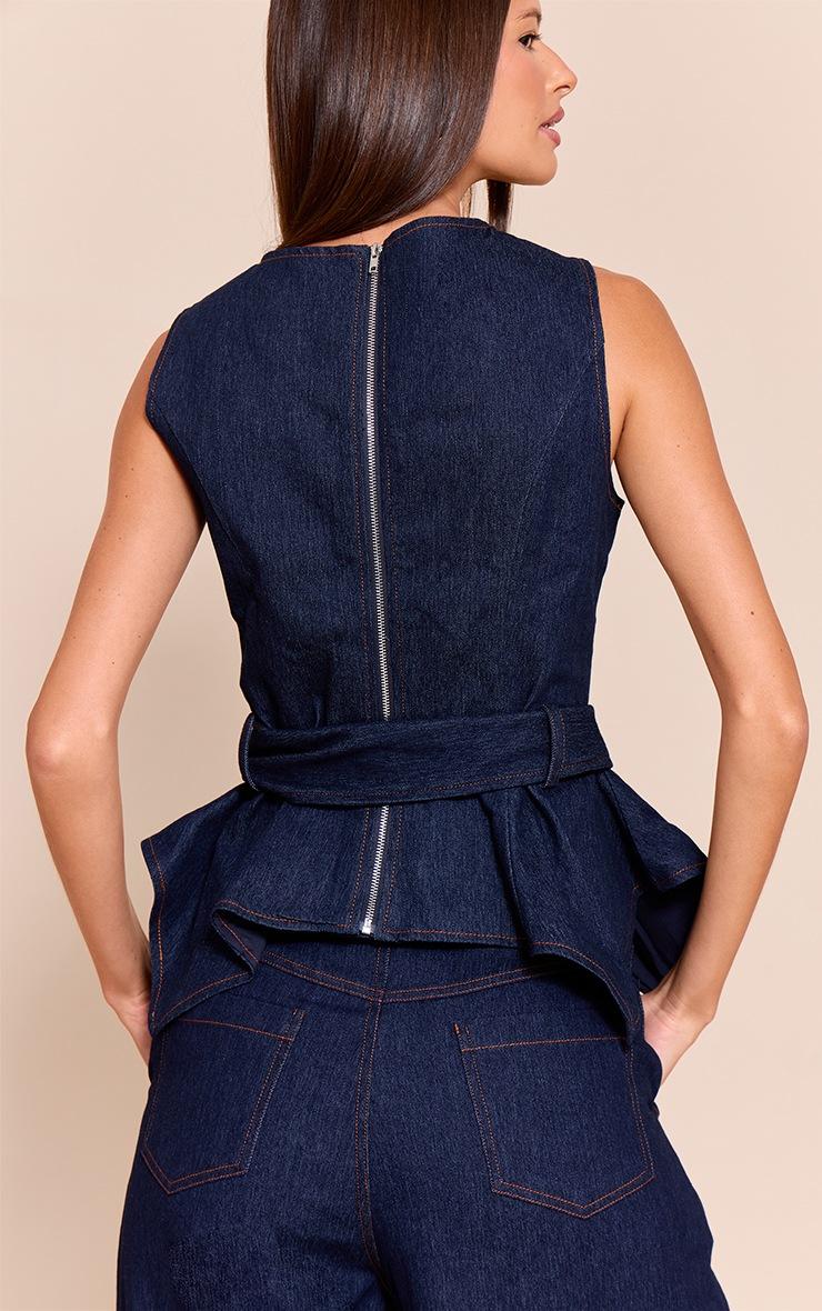 Pretty Little Thing Indigo Blue Chambray Denim Belted Trim Detail Peplum Top