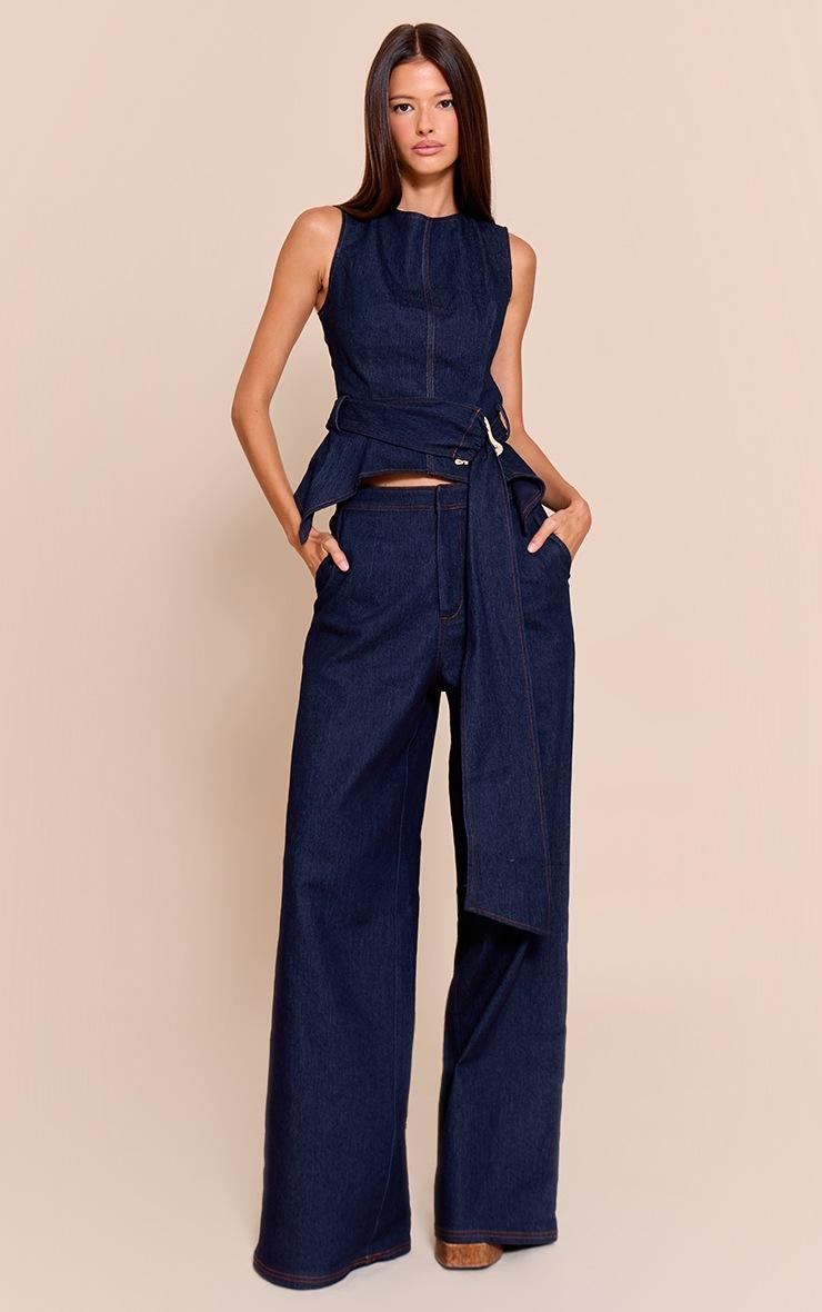 Pretty Little Thing Indigo Blue Chambray Denim Belted Trim Detail Peplum Top