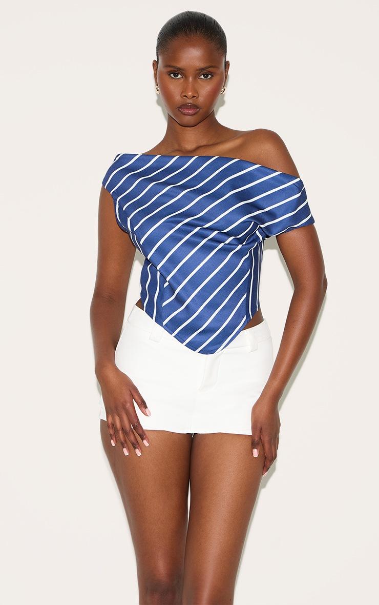 Pretty Little Thing Indigo Blue Striped Satin Asymmetrical Sleeveless Top