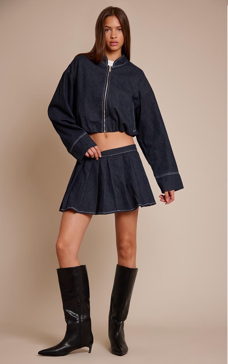 Pretty Little Thing Indigo Bubble Hem Cropped Denim Bomber Jacket