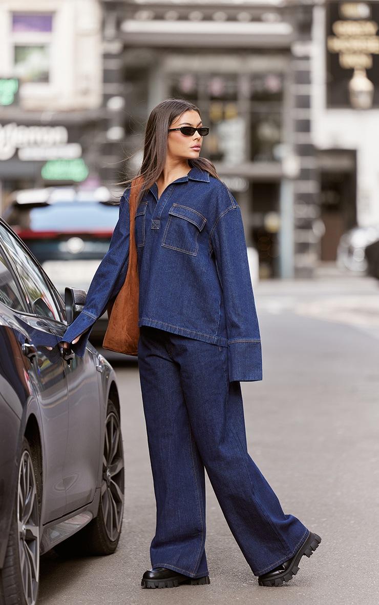 Pretty Little Thing Indigo Contrast Stitch High Waist Wide Leg Jeans