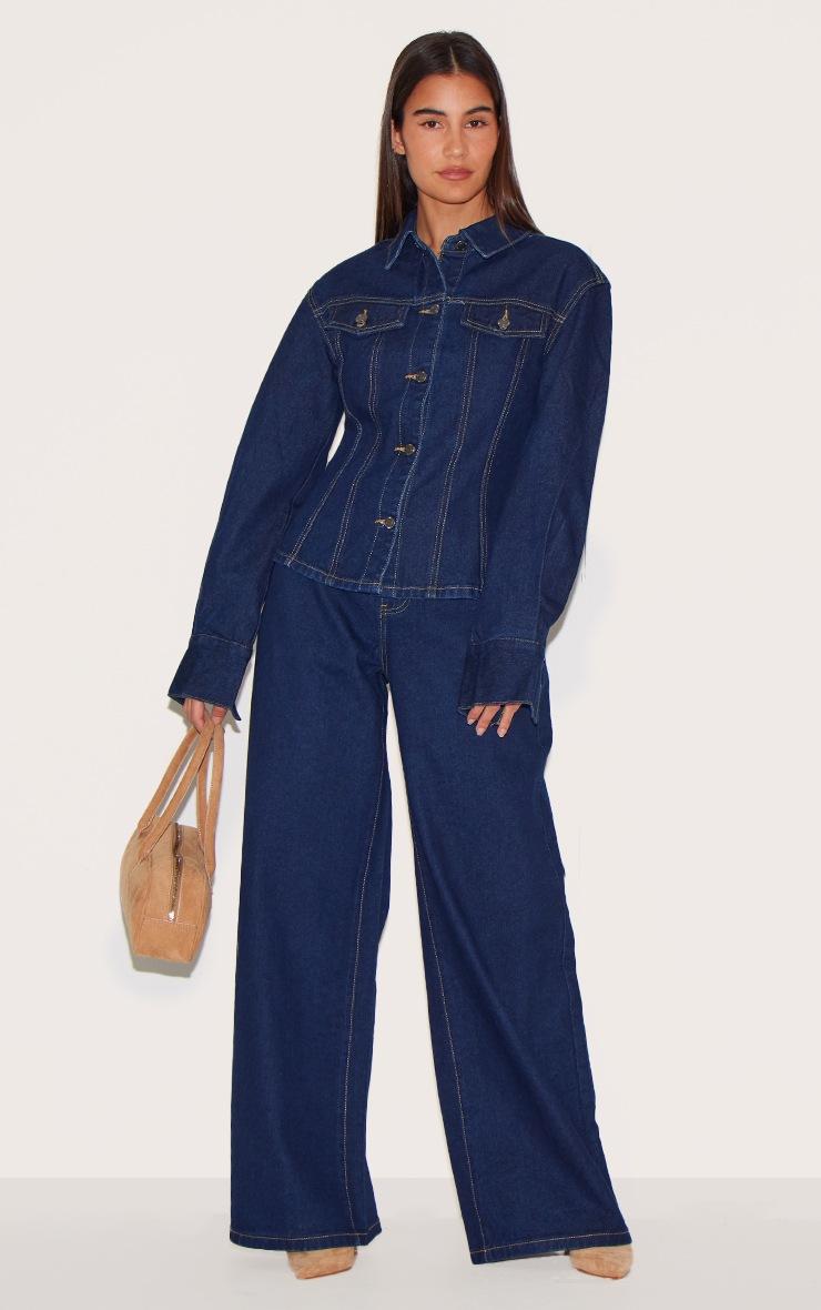 Pretty Little Thing Indigo Contrast Stitch Long Sleeve Cinch Waist Denim Jacket