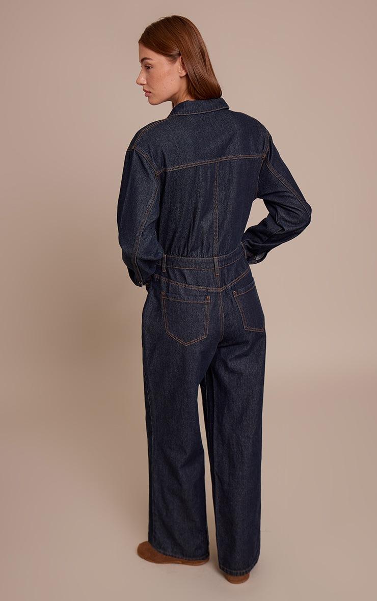 Pretty Little Thing Indigo Contrast Stitch Long Sleeve Denim Jumpsuit