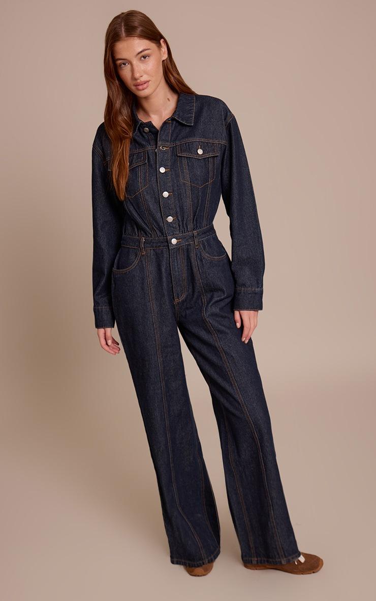 Pretty Little Thing Indigo Contrast Stitch Long Sleeve Denim Jumpsuit