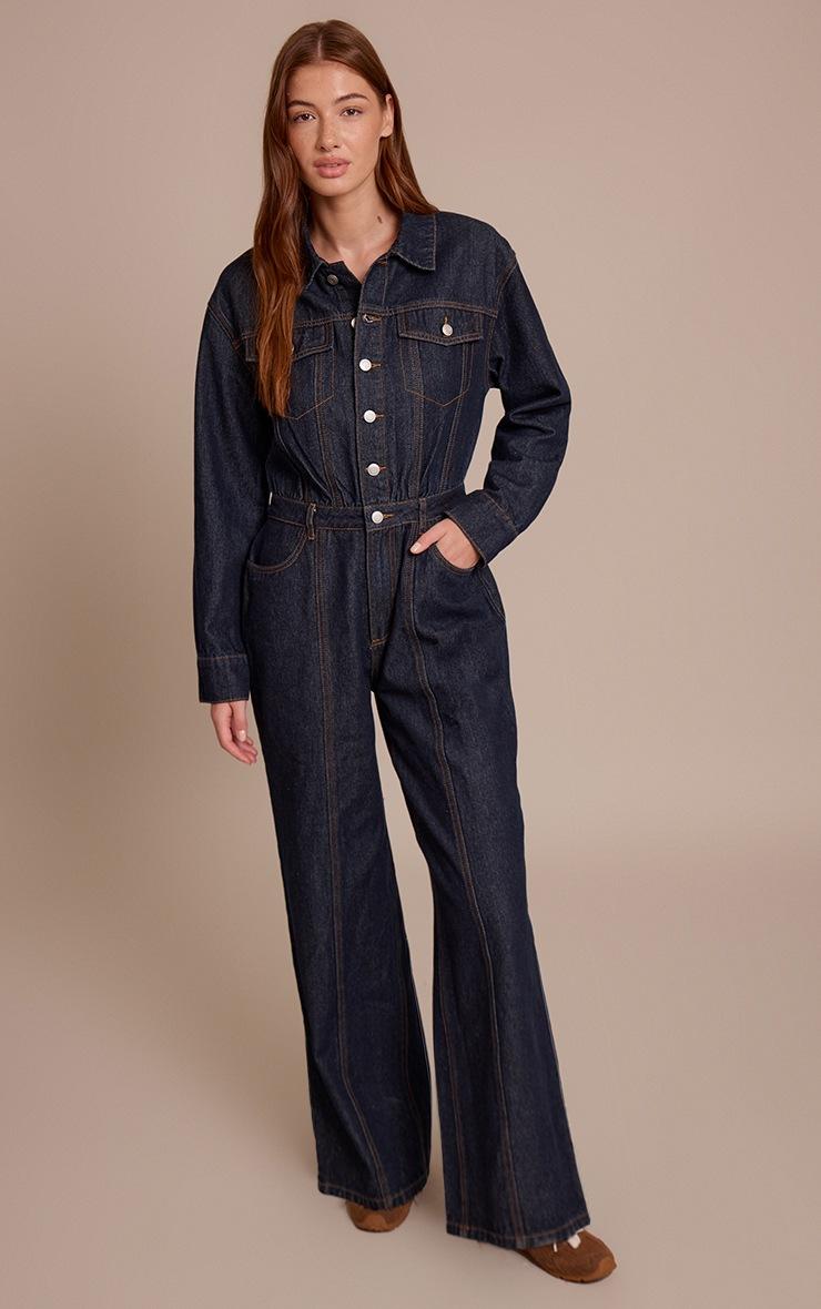 Pretty Little Thing Indigo Contrast Stitch Long Sleeve Denim Jumpsuit