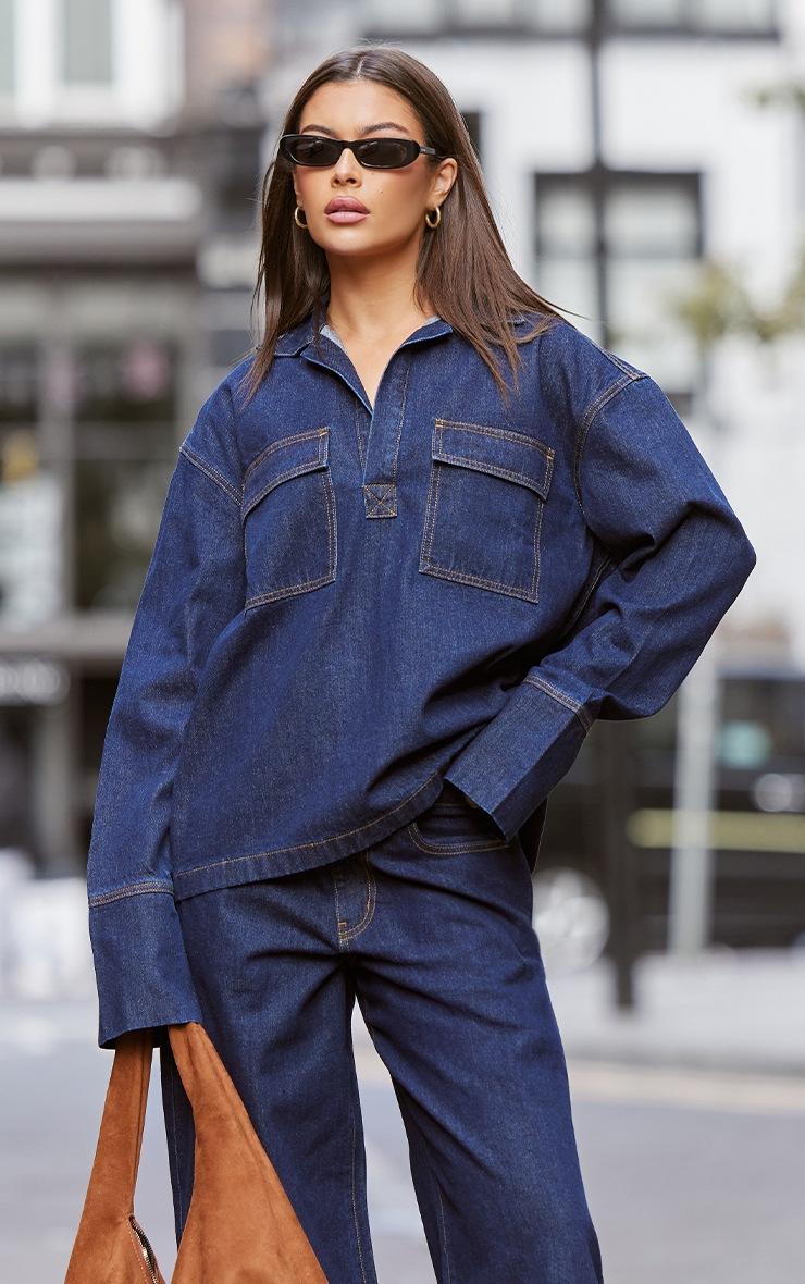 Pretty Little Thing Indigo Contrast Stitch Long Sleeve Denim Rugby Shirt