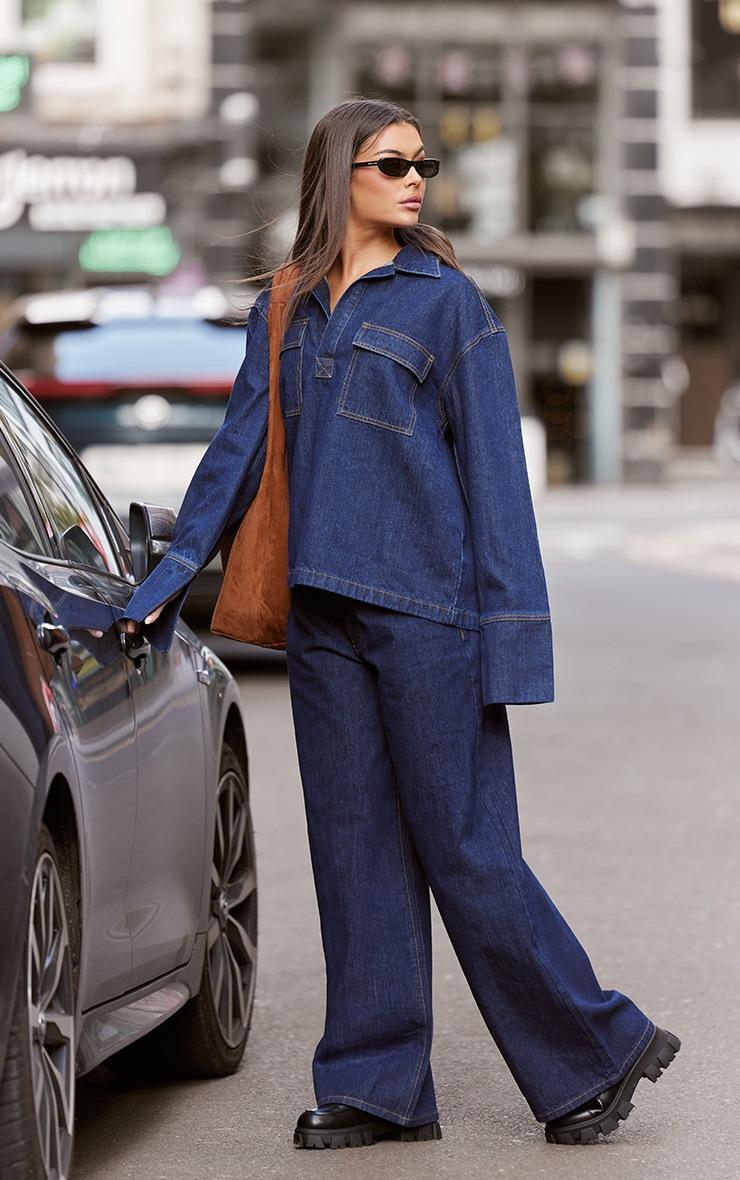Pretty Little Thing Indigo Contrast Stitch Long Sleeve Denim Rugby Shirt