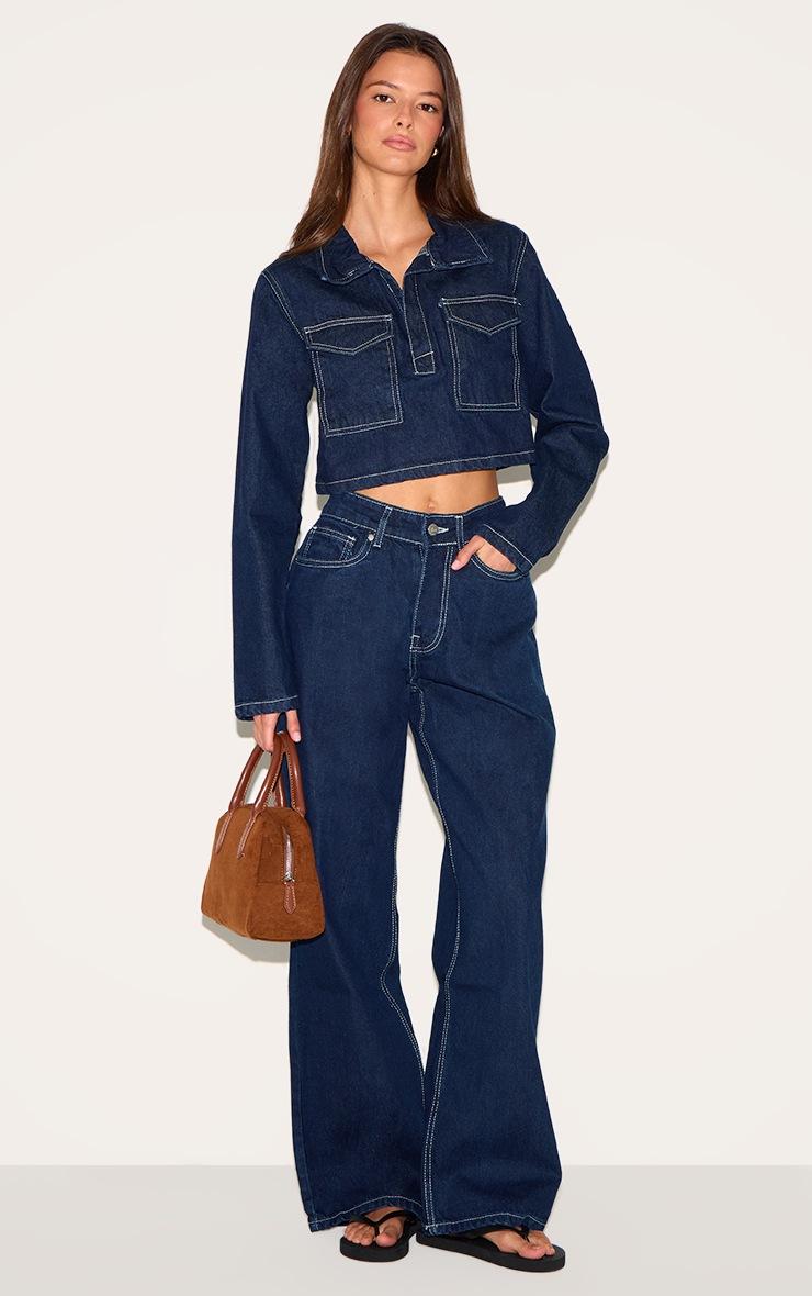 Pretty Little Thing Indigo Contrast Stitch Seam Detail Cropped Denim Shirt