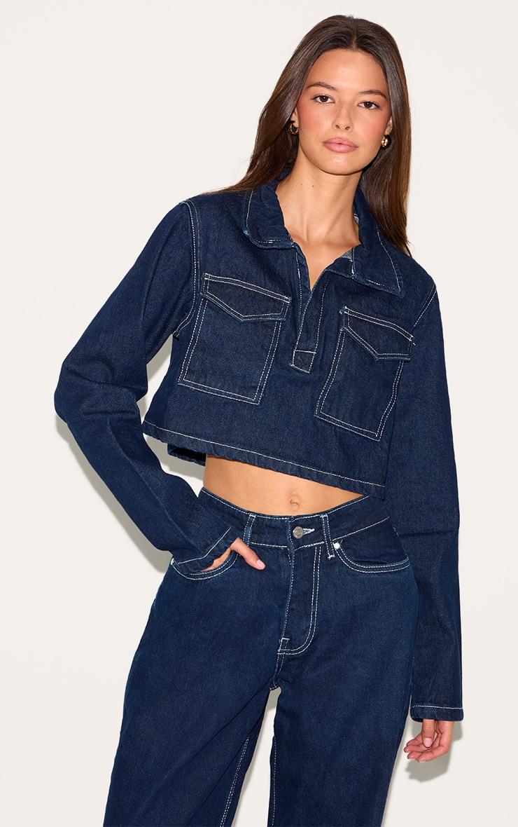Pretty Little Thing Indigo Contrast Stitch Seam Detail Cropped Denim Shirt