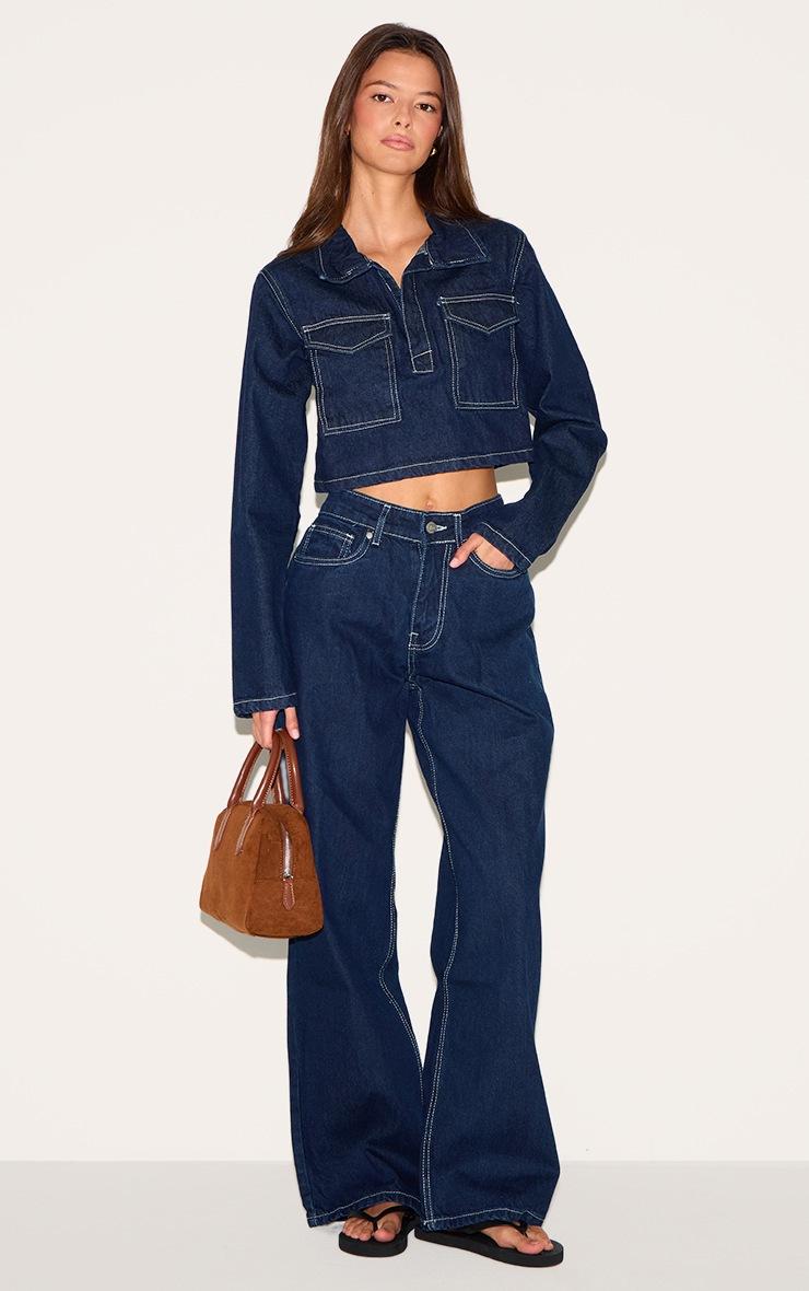 Pretty Little Thing Indigo Contrast Stitch Slouchy Wide Leg Jean
