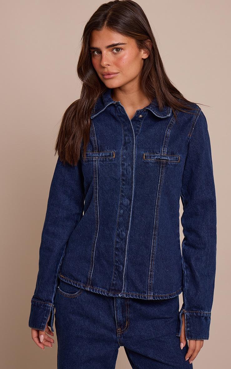 Pretty Little Thing Indigo Fitted Seam Detail Shirt