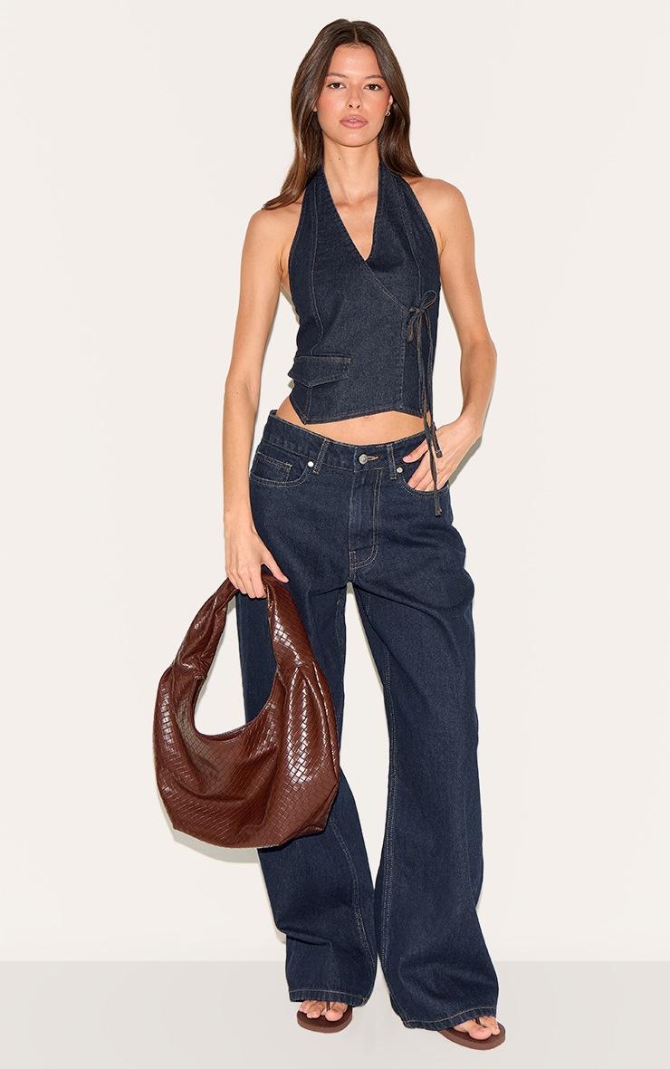 Pretty Little Thing Indigo Halter Neck Wrap Front Denim Vest