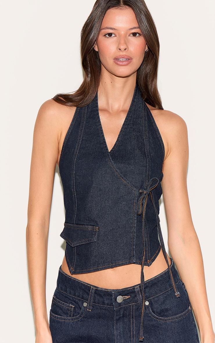 Pretty Little Thing Indigo Halter Neck Wrap Front Denim Vest