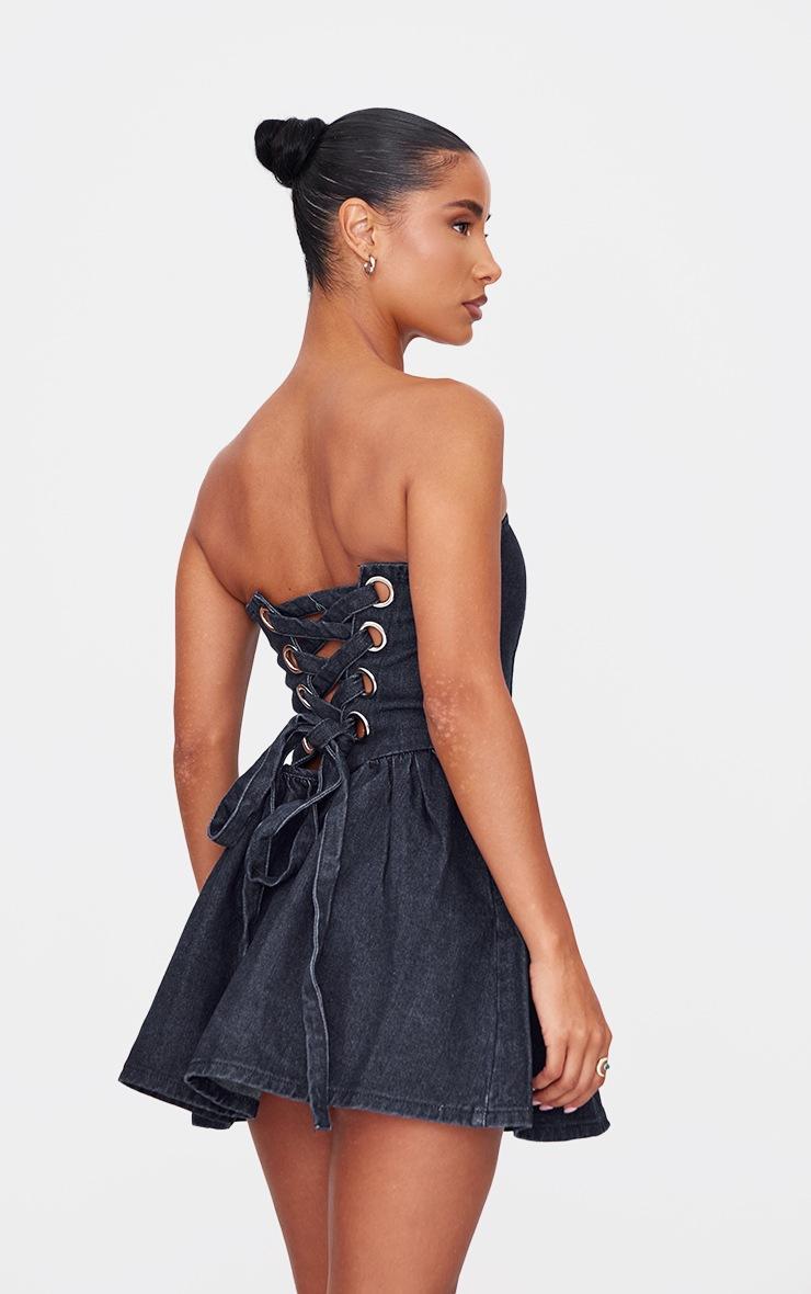 Pretty Little Thing Indigo Lace Up Back Denim Puffball Dress