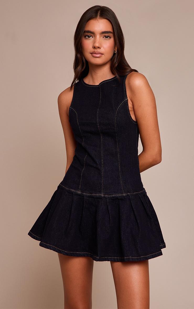 Pretty Little Thing Indigo Racer Neck Pleated Denim Mini Dress