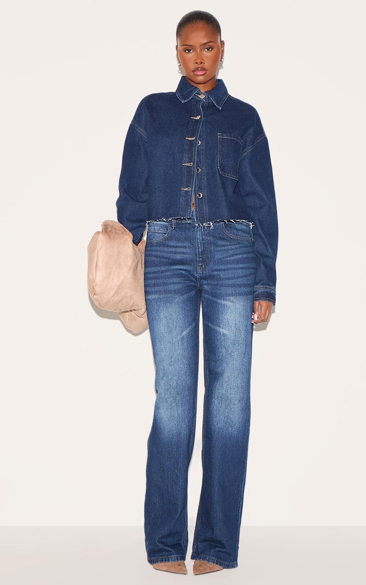 Pretty Little Thing Indigo Raw Hem Cropped Denim Shirt
