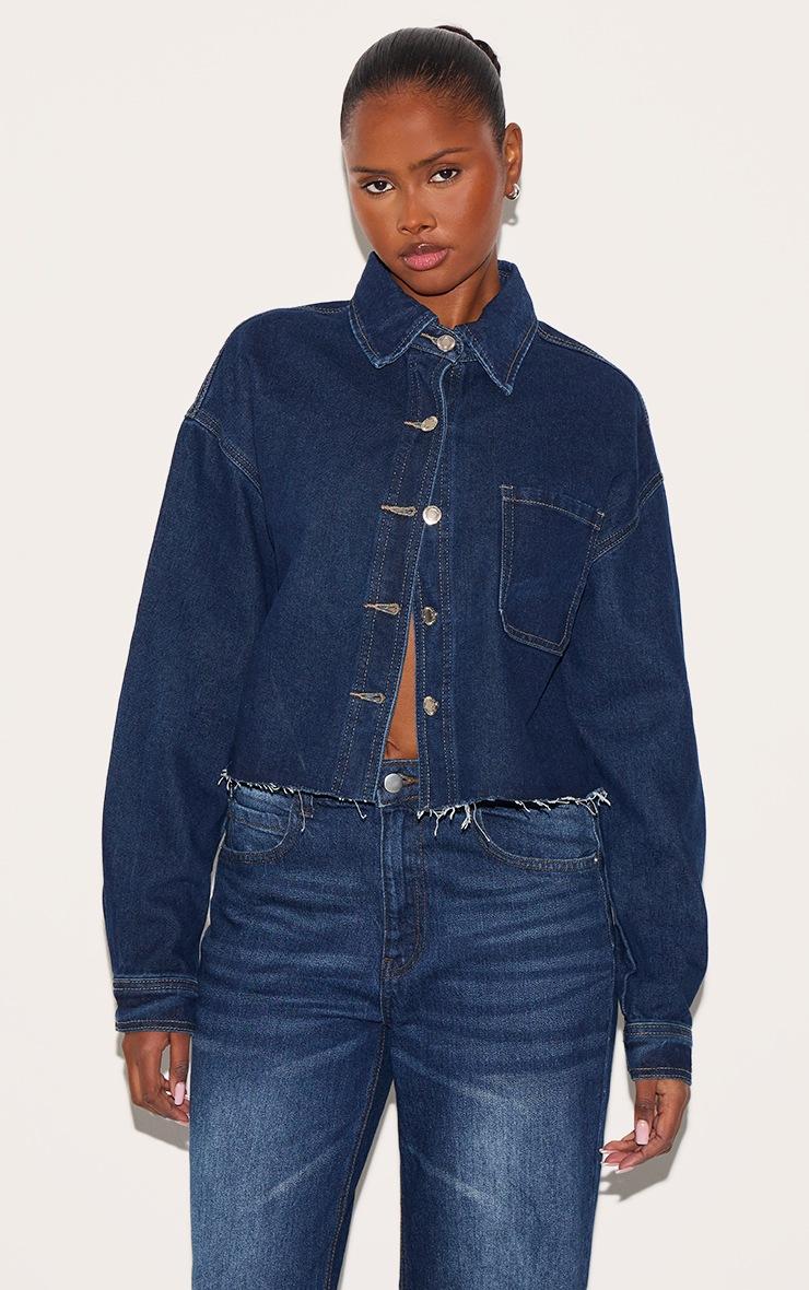 Pretty Little Thing Indigo Raw Hem Cropped Denim Shirt