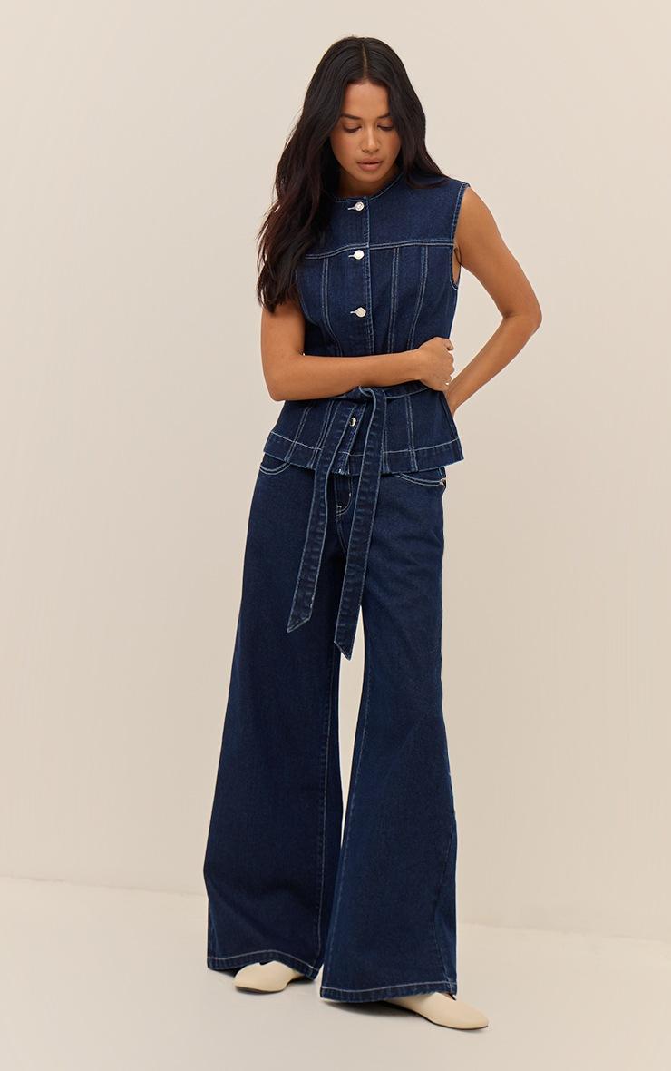 Pretty Little Thing Indigo Round Neck Cinch Belted Denim Top