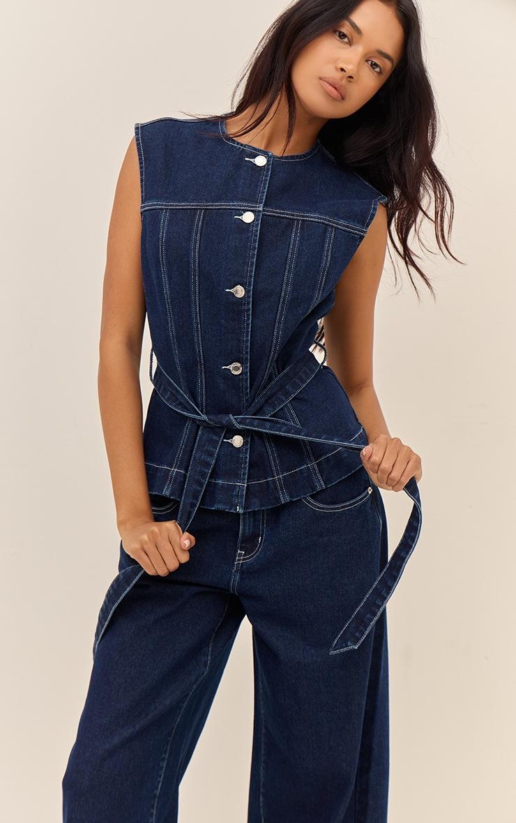 Pretty Little Thing Indigo Round Neck Cinch Belted Denim Top