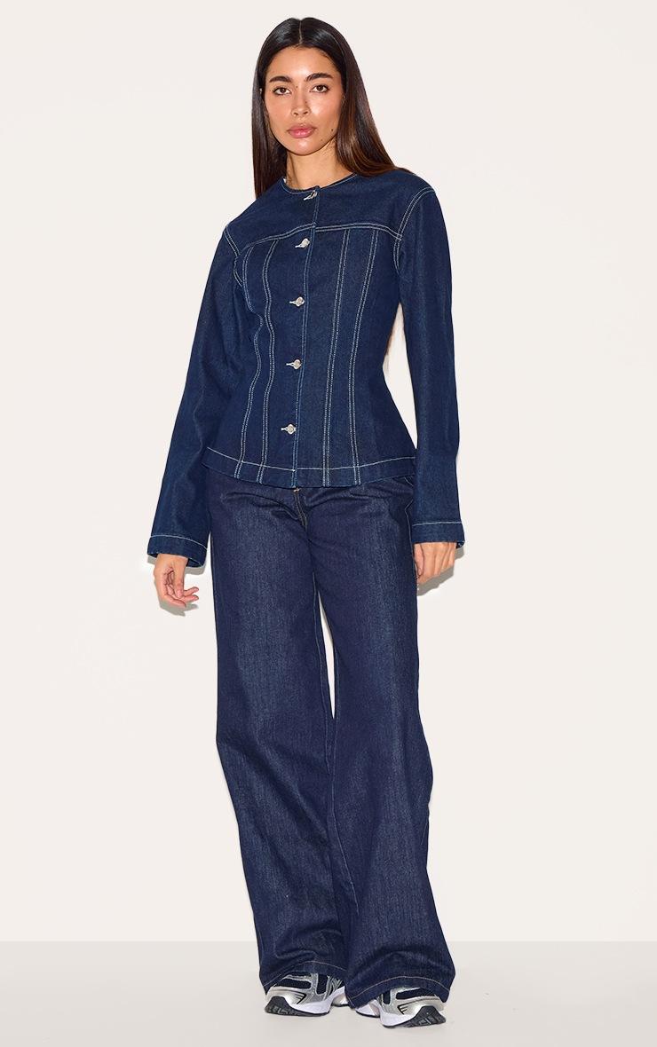 Pretty Little Thing Indigo Round Neck Cinched Long Sleeve Denim Jacket