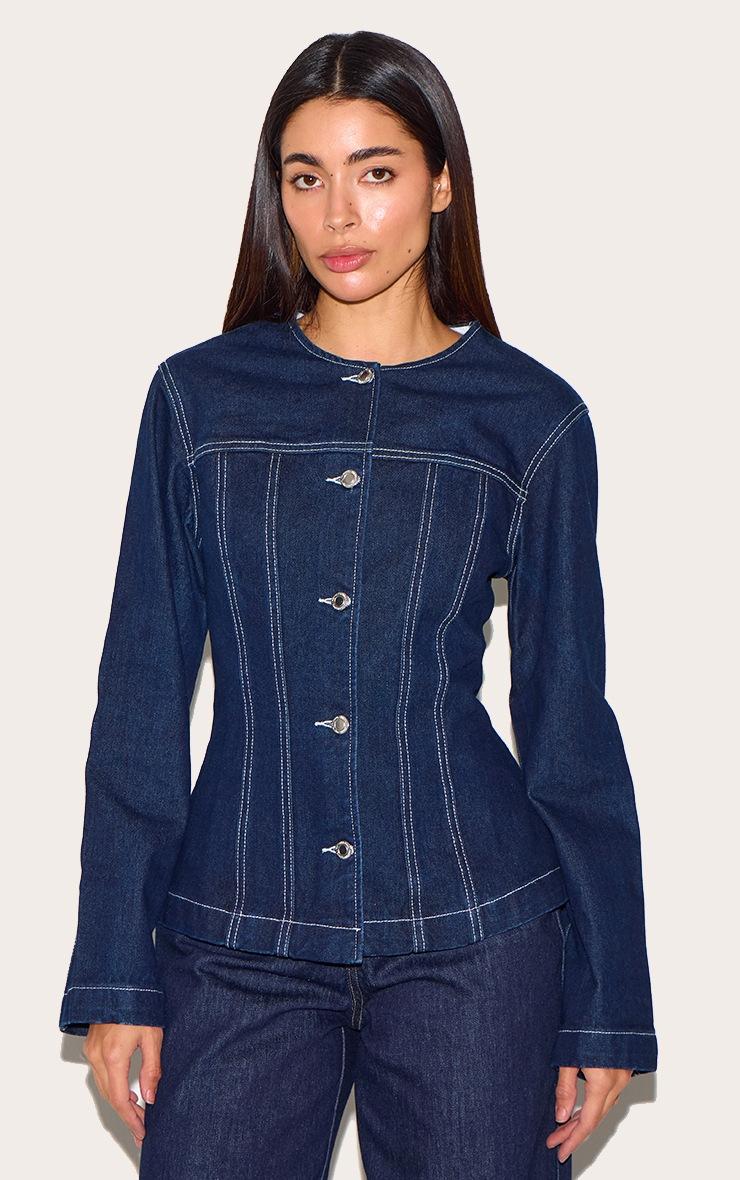 Pretty Little Thing Indigo Round Neck Cinched Long Sleeve Denim Jacket