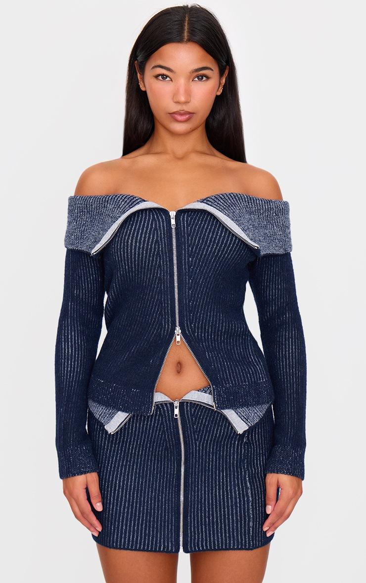 Pretty Little Thing Indigo Two Tone Foldover Zip Top
