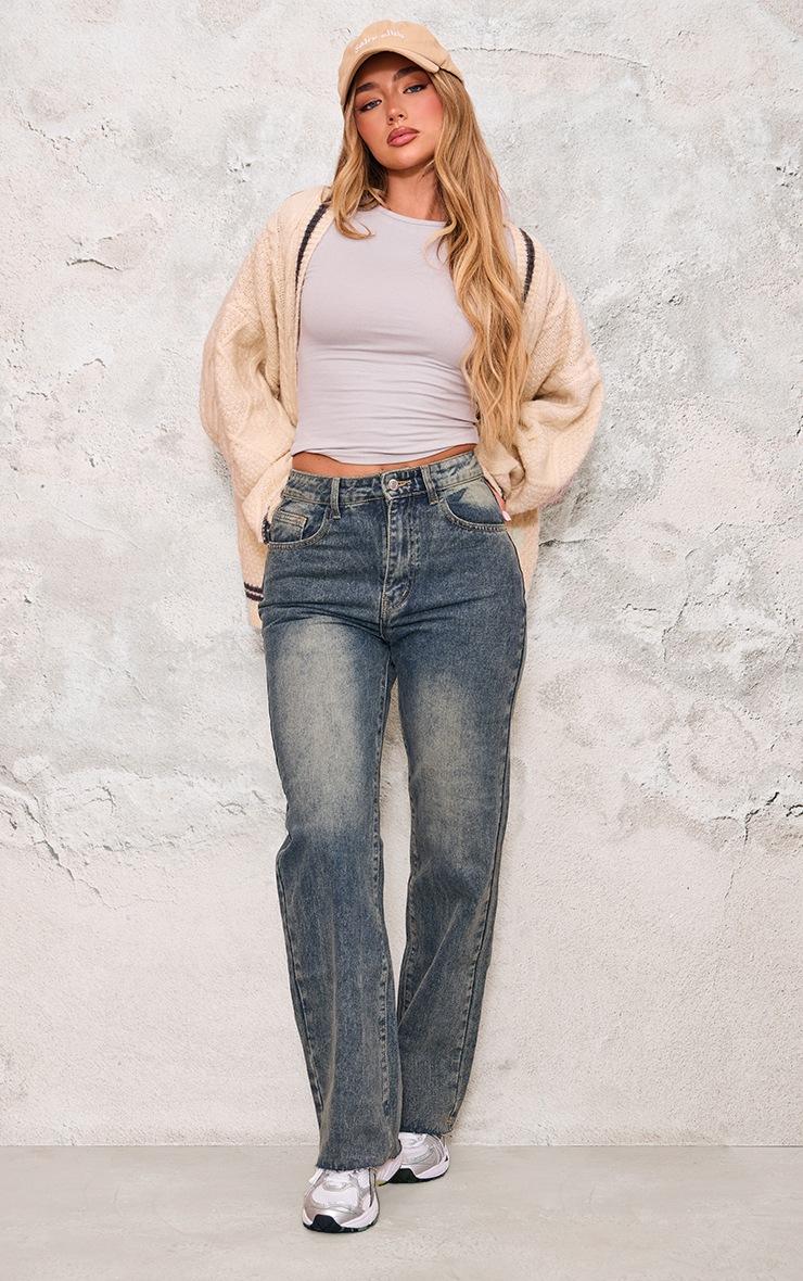 Pretty Little Thing Indigo Vintage Wash Frayed Hem Straight Leg Jeans