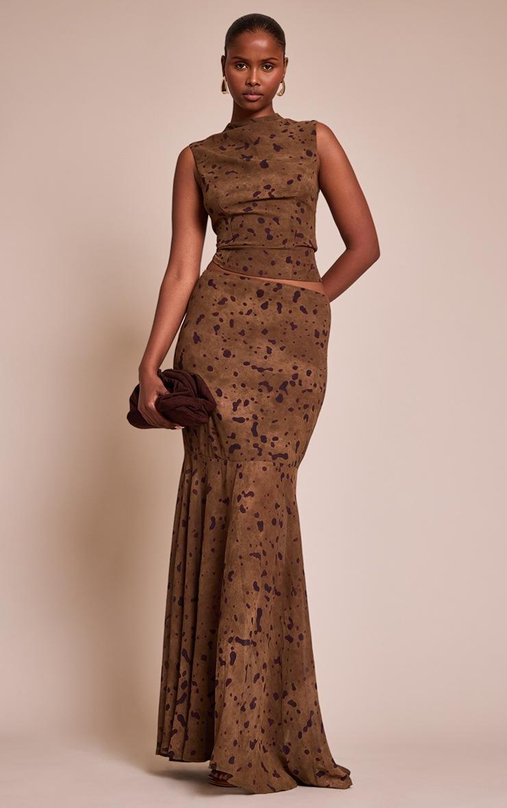 Pretty Little Thing Khaki Abstract Print Chiffon Fishtail Maxi Skirt